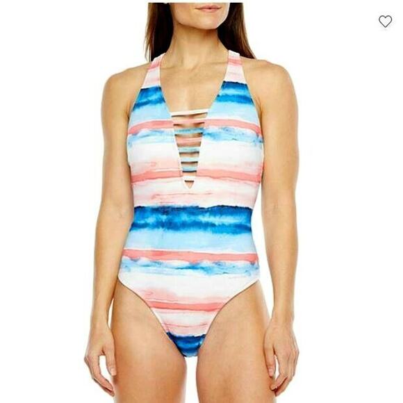 Peyton Parker Tank Swimsuit Womens XXL Stripe One Piece Swimwear White Blue NWT - Picture 1 of 10